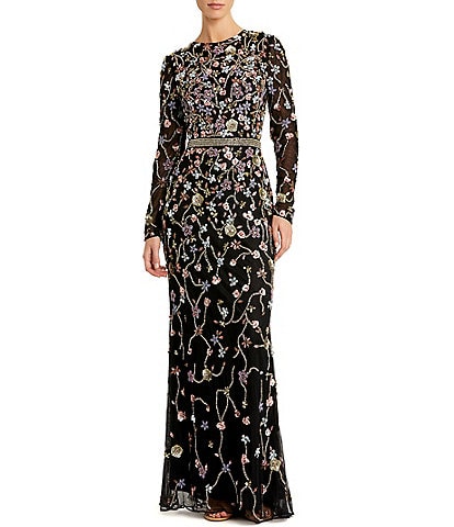 Mac Duggal Illusion Beaded Embellished Crew Neck Long Sleeve