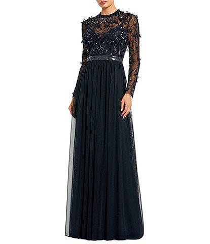 Mac Duggal Illusion Crew Neck Long Sleeve Gown