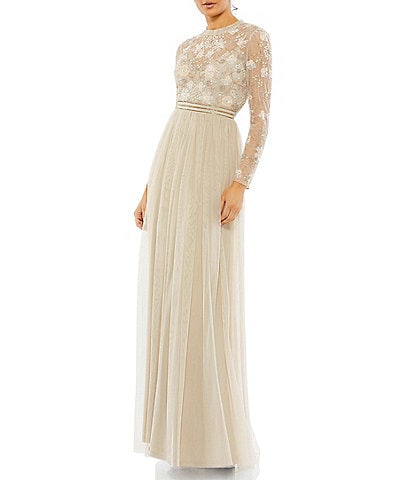 Mac Duggal Illusion Crew Neck Long Sleeve Gown