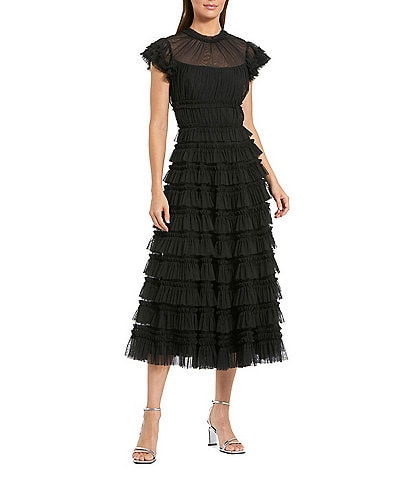 Mac Duggal Illusion Mock Neck Cap Sleeve Mesh Micro Ruffle A-Line Midi Dress