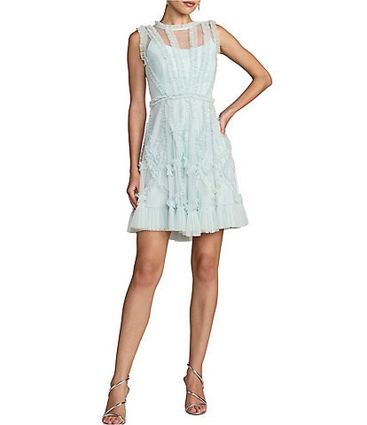 Mac Duggal Illusion Mock Neck Sleeveless Mesh Micro Ruffle Mini Dress