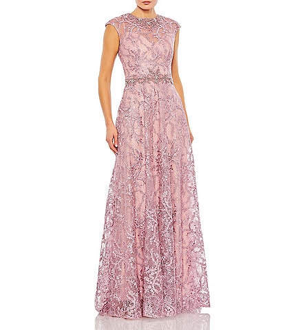 Mac Duggal Illusion Round Neck Cap Sleeve Embroidered Mesh A-Line Gown