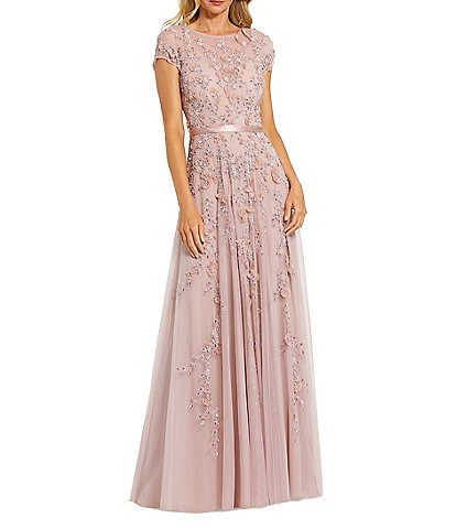 Mac Duggal Illusion Round Neck Cap Sleeve Floral Embellished Mesh Aline Gown