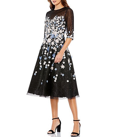 Mac Duggal Illusion Sleeve 3D Floral A-Line Midi Dress