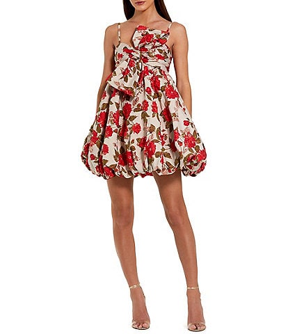  Jacquard Sleeveless Front Bow Bubble Hem Mini Dress