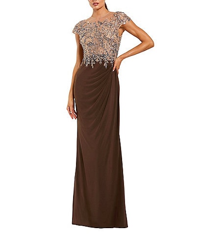 Mac Duggal Jersey Cap Sleeve Crystal Beaded Applique Sheath Gown