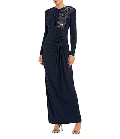 Mac Duggal Jersey High Neck Long Sleeves 3D Beaded Floral Shoulder Column Gown