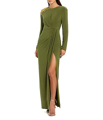 Mac Duggal Jersey Knit Beaded Shoulder Crew Neck Long Sleeve Wrap Gown