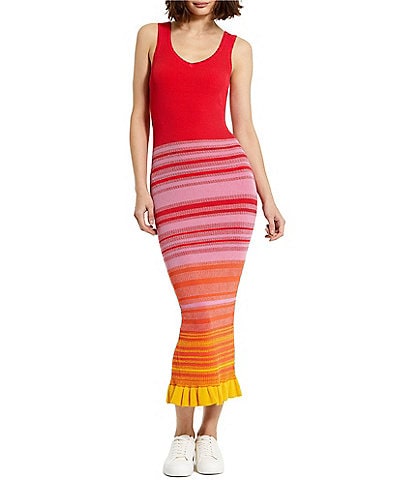 Mac Duggal Knit Striped Scoop Neck Sleeveless Fitted Midi Bodycon Dress