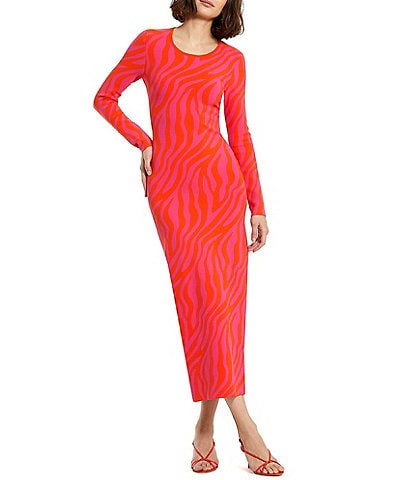 Mac Duggal Knit Zebra Print Scoop Neck Long Sleeve Maxi Dress