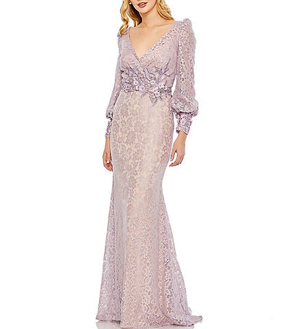 Mac Duggal Lace Overlay Jewel Encrusted Floral Surplice V-Neck Balloon Sleeve Column Mermaid Gown