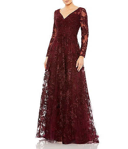Mac Duggal Lace V-neckline Long Illusion Sleeve A-Line Gown