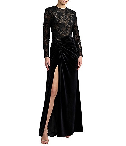 Mac Duggal Lace Velvet Crew Beck Long Sleeve Column Gown