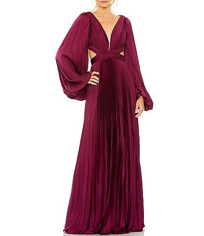 Mac Duggal Long Balloon Sleeve Side Cut-Out Pleated Deep V-Neck Satin A-Line Gown