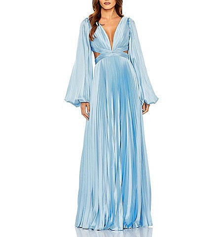 Mac Duggal Long Balloon Sleeve Side Cut-Out Pleated Deep V-Neck Satin A-Line Gown