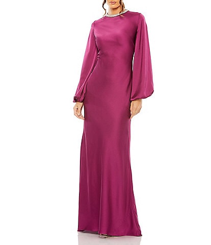 Mac Duggal Long Bishop Sleeve Beaded Crew Neck Satin Gown