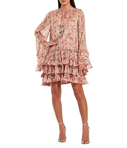 Mac Duggal Long Flare Sleeve Ruffle Mini With Novelty Trim