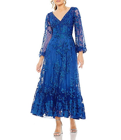 Mac Duggal Floral Embellished Long Puff Sleeve V-Neck Dress