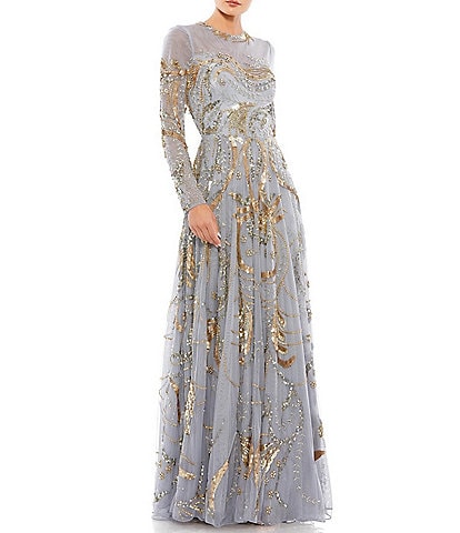 Mac Duggal Long Sleeve A-Line Crew Neck Lined Beaded Gown