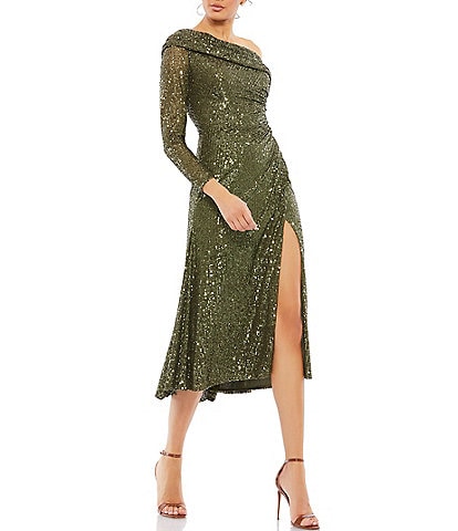 Mac Duggal Long Sleeve Asymmetric One Shoulder Ruched Thigh High Slit Sequin Midi Dress