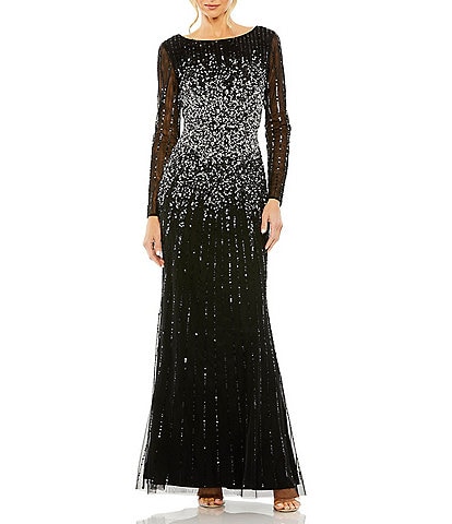 Mac Duggal Long Sleeve Bateau Neck Sequin Embellished A Line Gown