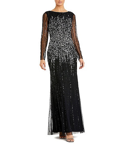 Mac Duggal Long Sleeve Bateau Neck Sequin Embellished A Line Gown