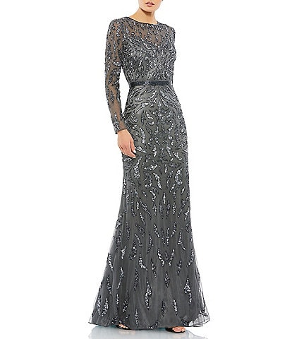 Mac Duggal Long Sleeve Sequin Crew Neck Fully Lined Sheath Gown