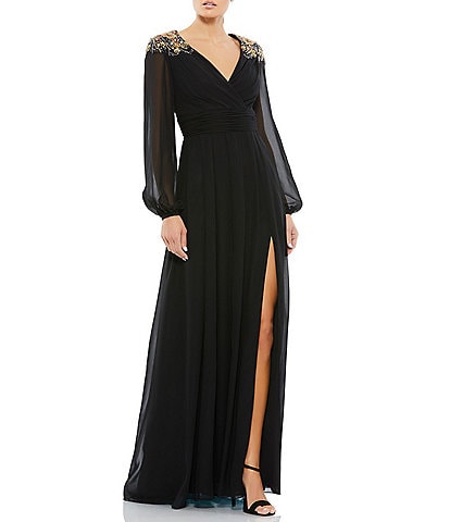 Mac Duggal Long Sleeve Beaded Shoulder Thigh High Slit Surplice V-Neck Chiffon A-Line Gown