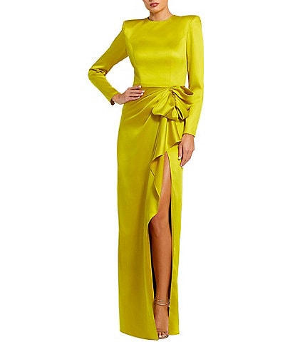 Mac Duggal Long Sleeve Crew Neck Ruched Waist Draped Bow Thigh High Slit Satin A-Line Gown