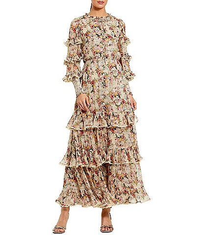 Mac Duggal Long Sleeve Floral Print Ruffle Dress