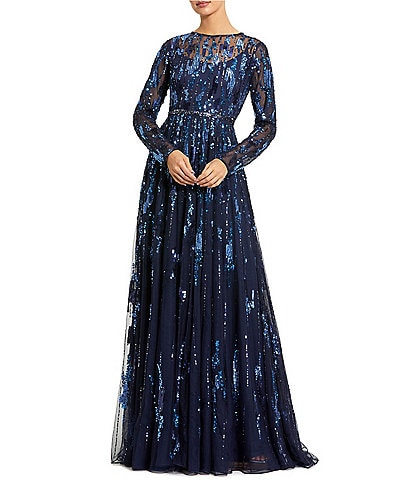 Mac Duggal Long Sleeve Mesh Embellished Gown