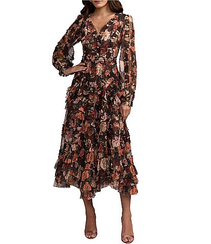  Long Sleeve Printed Micro Ruffle A Line Dress