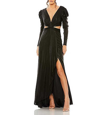 Mac Duggal Long Sleeve V-Neck Cut Out Metallic Gown