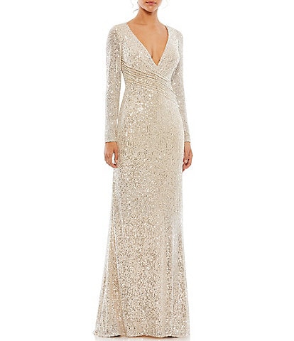 Mac Duggal Long Sleeve V-Neck Sequin Faux Wrap Gown