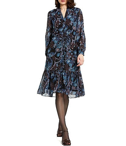 Mac Duggal Lurex Chiffon Split V-Neck Long Bishop Sleeve Floral Print Tiered Ruffle Midi A-Line Dress
