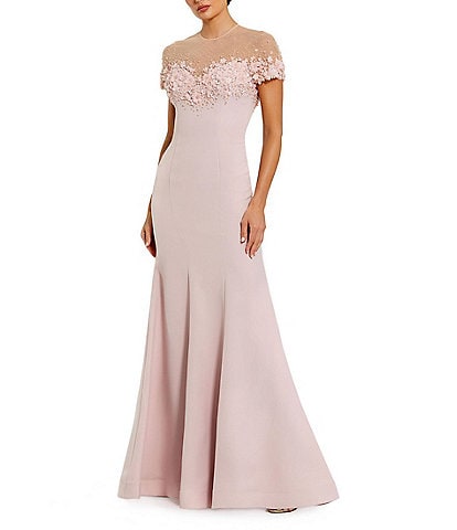 Mac Duggal Mermaid Crepe Gown With Beaded Illusion Neck