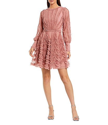 Mac Duggal Mesh Micro Ruffle Long Sleeve Mini Dress
