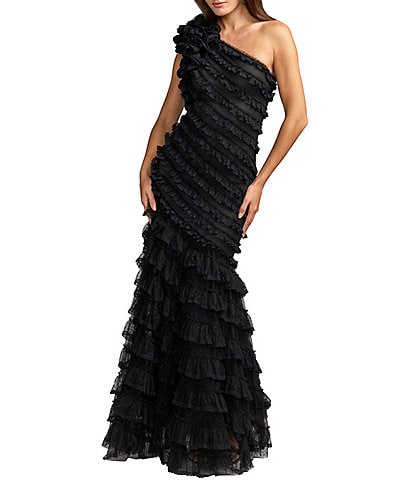 Mac Duggal Mesh One Shoulder Sleeveless Trumpet Gown