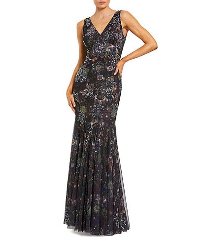 Mac Duggal Mesh Sleeveless V-Neck Evening Gown