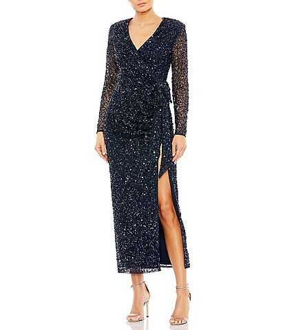 Mac Duggal Mesh V-Neckline Long Sleeve Embellished A-Line Wrap Bow Maxi Dress