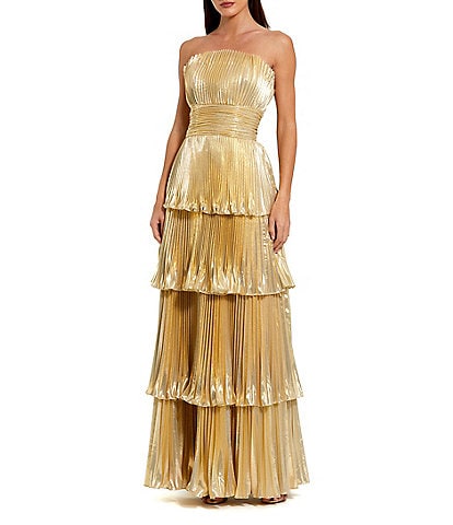 Mac Duggal Metallic Mesh Strapless Pleated Tiered A-Line Gown