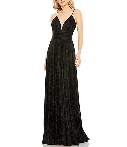Mac Duggal Metallic Pleated Deep V-Neck Crisscross Back Detail Sleeveless Gown