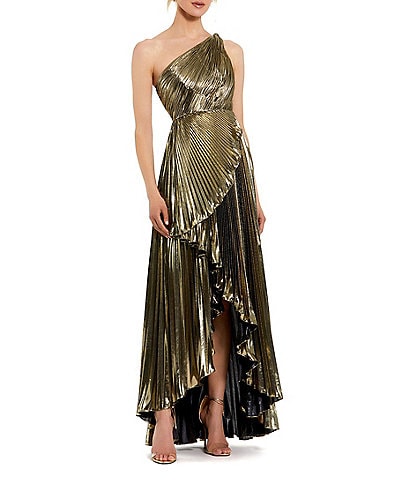 Mac Duggal Metallic Pleated One Shoulder Sleeveless Faux Wrap Ruffle Hem High Low Gown