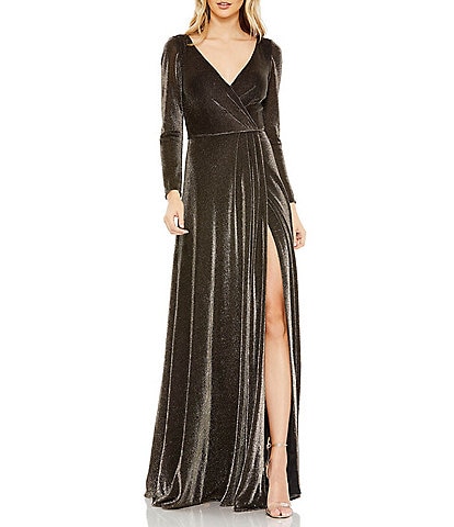 Mac Duggal Metallic Suede Surplice V-Neck Long Sleeve Thigh High Slit Faux Wrap Gown