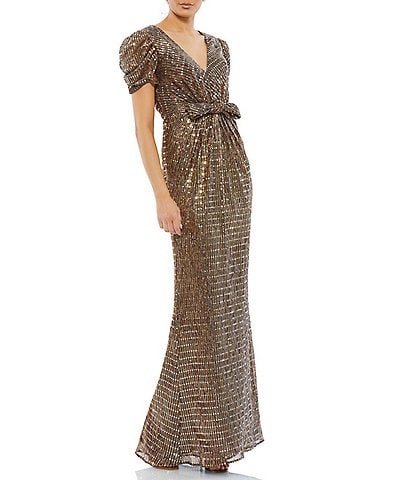 Mac Duggal Metallic V-Neck Short Puff Sleeve Front Bow Sheath Gown