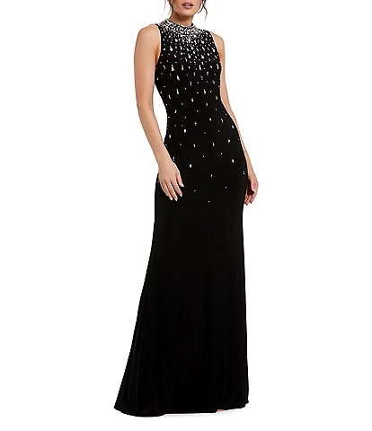 Mac Duggal Mock Neck Beaded Trim Stretch Jersey Column Gown