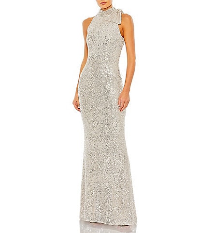 Mac Duggal Mock Neck Bow Shoulder Sequin Column Gown