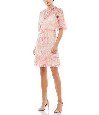 Mac Duggal Floral Print Mock Neck Short Flounce Sleeve Sequin Embellished Tiered Ruffle Hem Dress