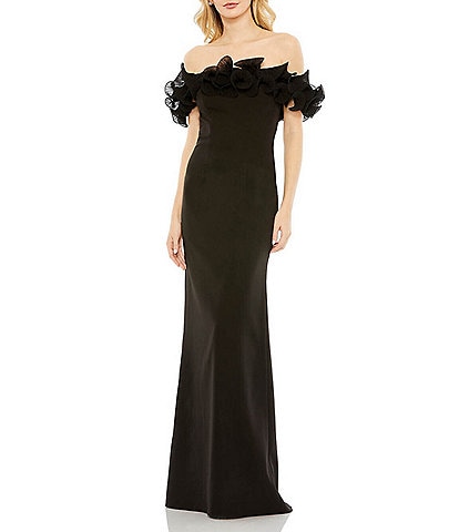 Mac Duggal Off-the-Shoulder Ruffle Embellished Sheath Gown