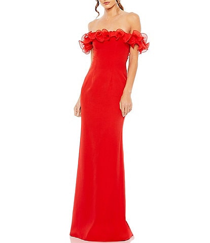 Mac Duggal Off-the-Shoulder Ruffle Embellished Sheath Gown